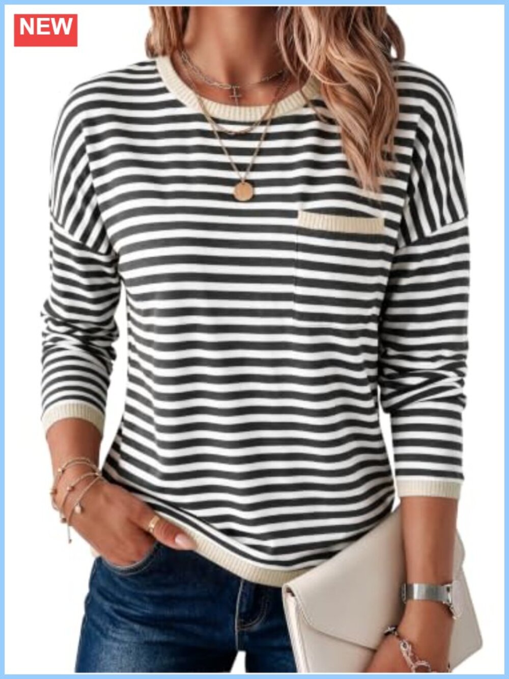 Oversized Striped Crewneck Sweater Loose Fit Long Sleeve Pullover
